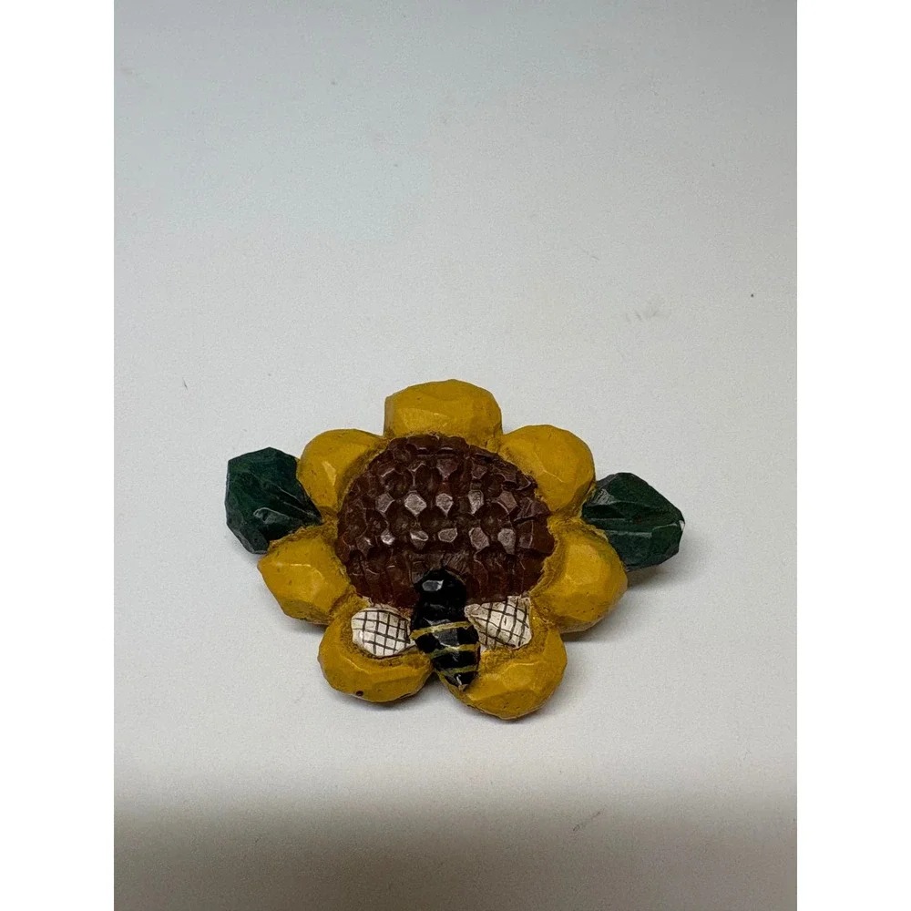 Signed Eddie Hand Carved Wooden Sunflower Bumblebee Brooch Yellow Folk Art Pin